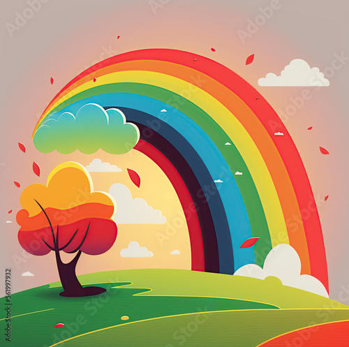 A fall day with a beautiful cartoon rainbow. 