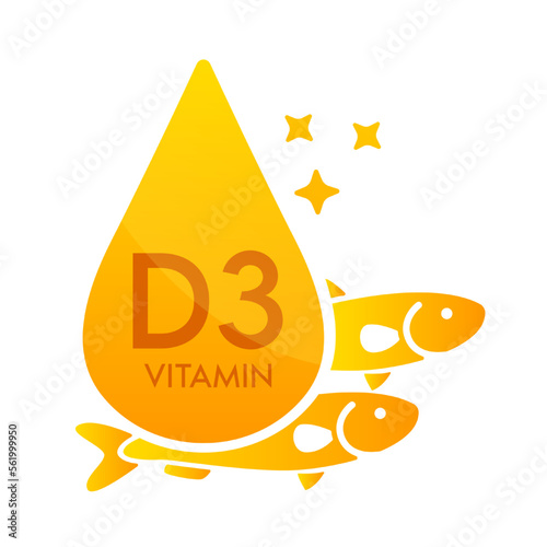 Vitamin D3 icon orange with fish fillet. Form drop serum simple line isolated on a white background. Design for use in print media. Medical food supplement symbol. Vector EPS10.