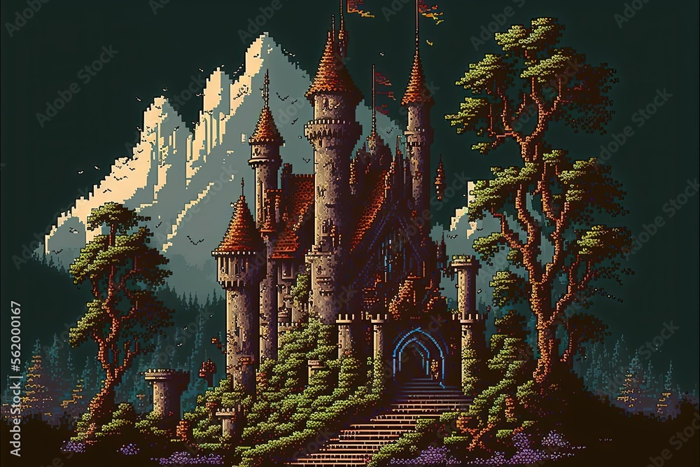 Pixel art medieval castle with trees and mountains, background in retro