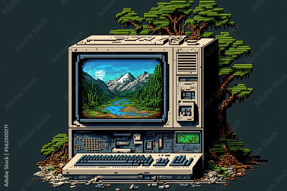 Pixel art old computer with landscape wallpaper, background in retro style  for 8 bit game, Generative AI Illustration Stock | Adobe Stock