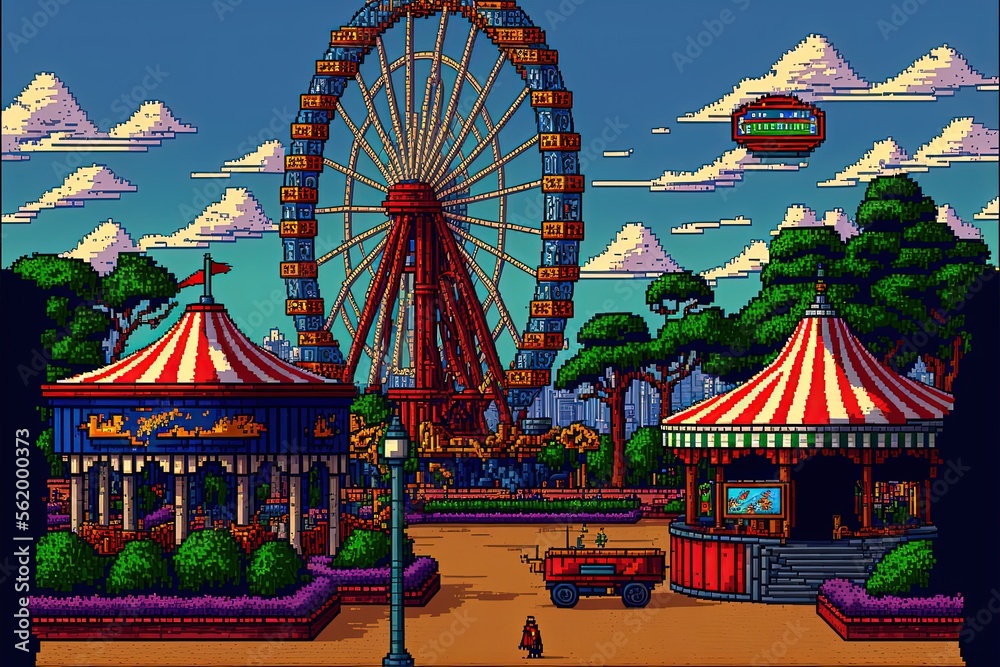 Pixel art amusement park, background in retro style for 8 bit game ...