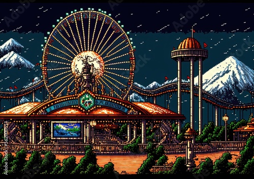 Pixel art amusement park, background in retro style for 8 bit game, Generative AI