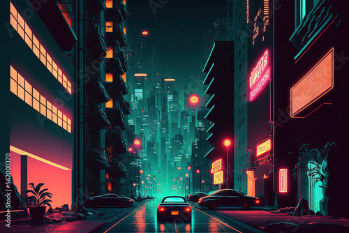 Street in a futuristic metropolis with neon lights at night. Retro futuristic illustration of a nighttime city scene. Generative AI