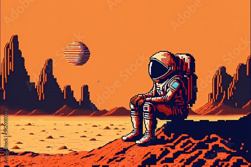 Pixel art astronaut on the planet mars, background in retro style for 8 bit game, Generative AI