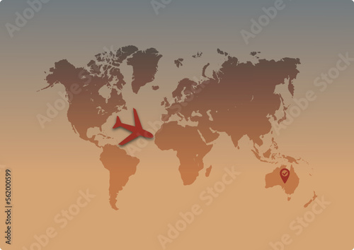Worldmap with airplane trace vector illustration. Aircraft track path on map, plane route line. orange planet Earth map