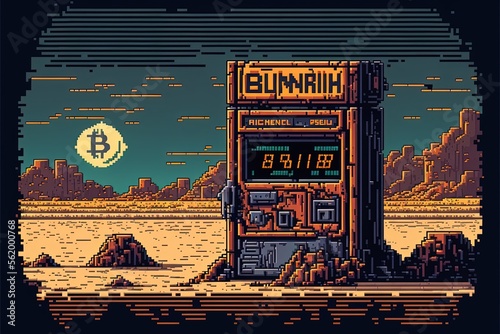 Pixel art bitcoin ATM, cryptocurrency machine in the desert, background in retro style for 8 bit game, Generative AI