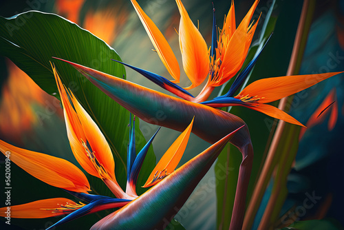 Bird of Paradise flowers in natural background. Generative AI photo