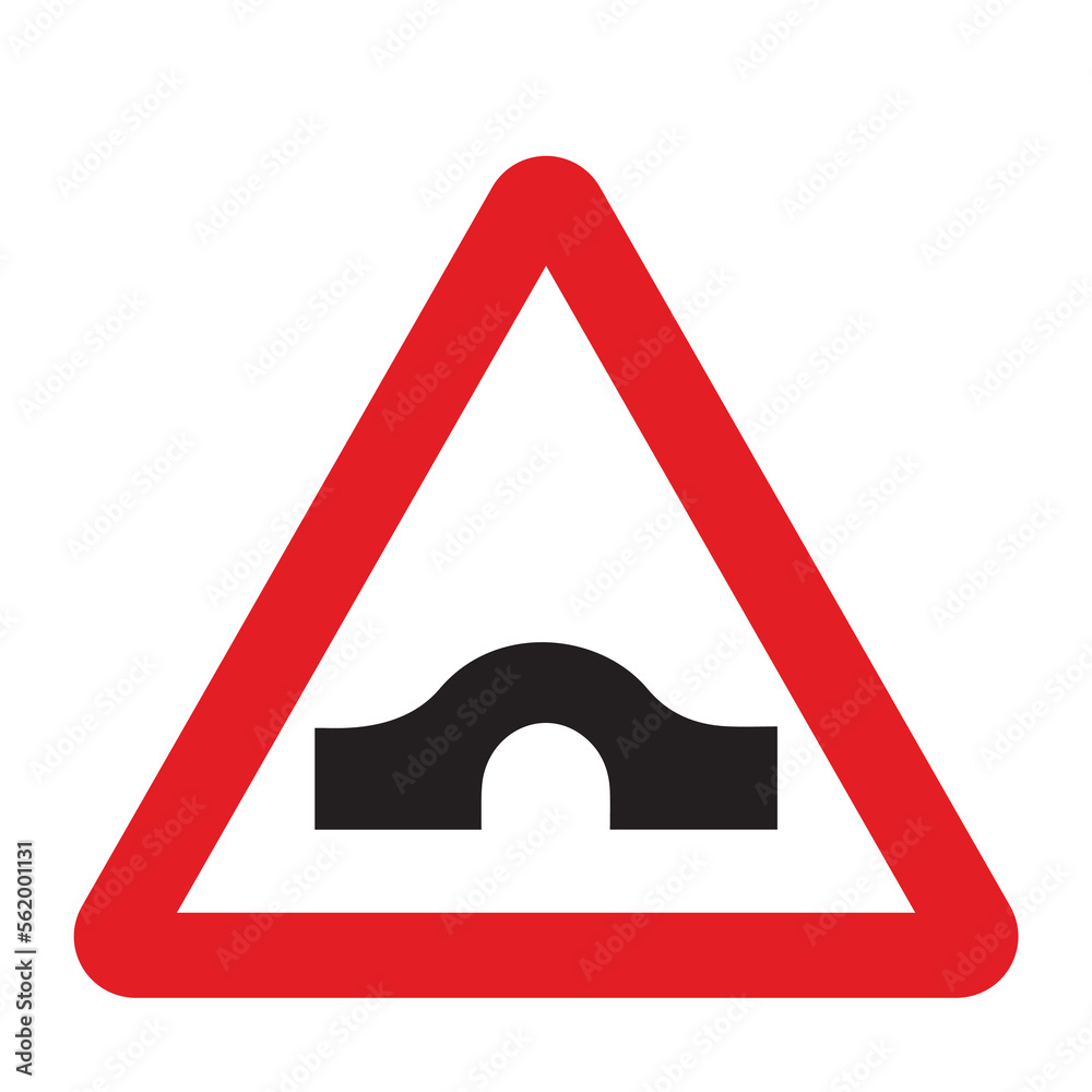 Approaching bridges sign in a red triangle with black sign and traffic sign. UK and USA road sign with white background. Common traffic signs and symbol in the road in rounded triangle of black white. Approaching bridges sign in a red triangle with black sign and traffic sign. UK and USA road sign with white background. Common traffic signs and symbol in the road in rounded triangle of black white.
