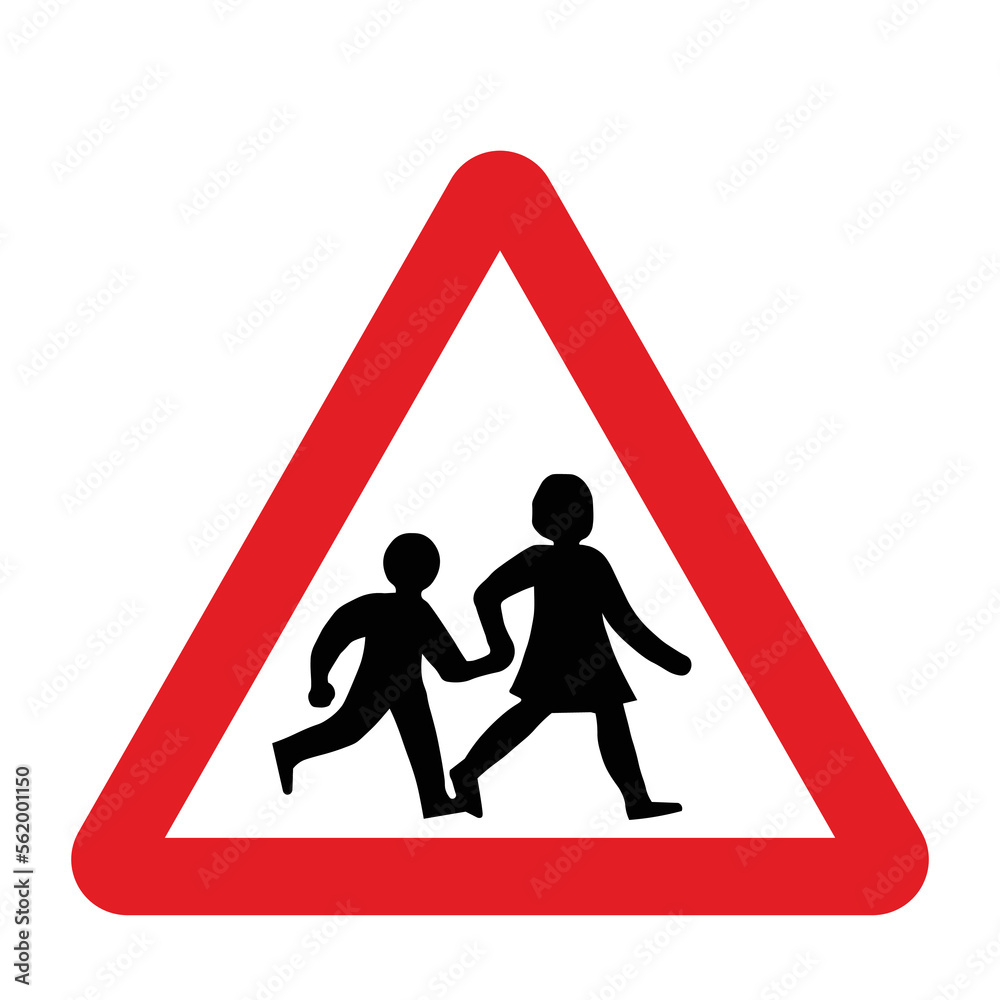 High chances of children or vulnerable adults crossing sign in a red triangle with black sign and traffic sign. UK and USA road sign with white background. Common traffic signs and symbol in the road. High chances of children or vulnerable adults crossing sign in a red triangle with black sign and traffic sign. UK and USA road sign with white background. Common traffic signs and symbol in the road.