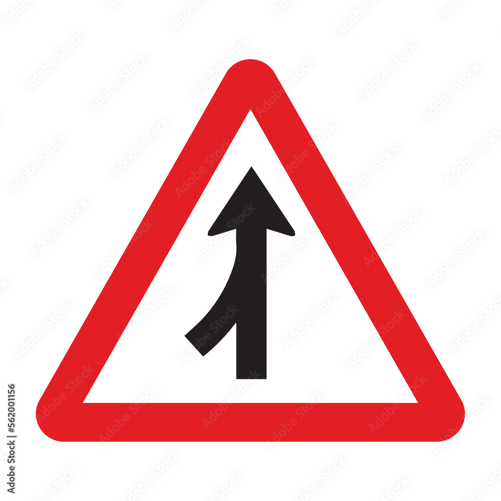 Merging traffic sign in a red triangle with black sign and traffic sign. UK and USA road sign with white background. Common traffic signs and symbol in the road in rounded triangle of black white. Merging traffic sign in a red triangle with black sign and traffic sign. UK and USA road sign with white background. Common traffic signs and symbol in the road in rounded triangle of black white.