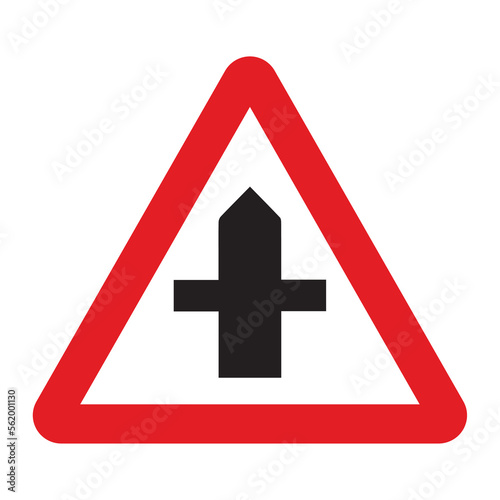 Cross road sign in a red triangle with black sign and traffic sign. UK and USA road sign with white background. Common traffic signs and symbol in the road in rounded triangle of black white.