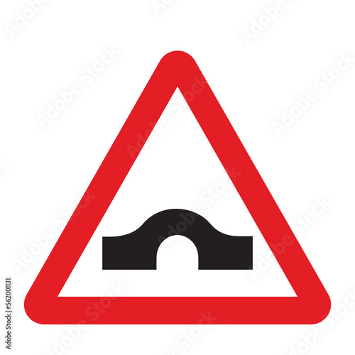 Approaching bridges sign in a red triangle with black sign and traffic sign. UK and USA road sign with white background. Common traffic signs and symbol in the road in rounded triangle of black white.