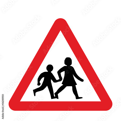 High chances of children or vulnerable adults crossing sign in a red triangle with black sign and traffic sign. UK and USA road sign with white background. Common traffic signs and symbol in the road.