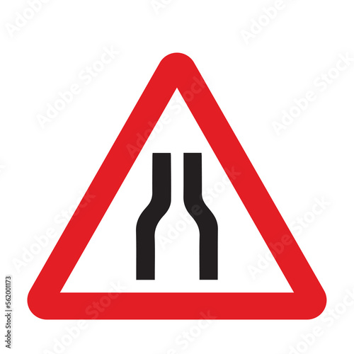 Road narrowing sign in a red triangle with black sign and traffic sign. UK and USA road sign with white background. Common traffic signs and symbol in the road in rounded triangle of black white.