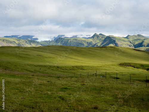 Green pastures and mountains along the Ring Road near Vik, Iceland