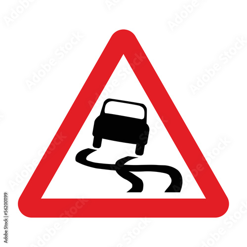 Slippery road sign in a red triangle with black sign and traffic sign. UK and USA road sign with white background. Common traffic signs and symbol in the road in rounded triangle of black white.