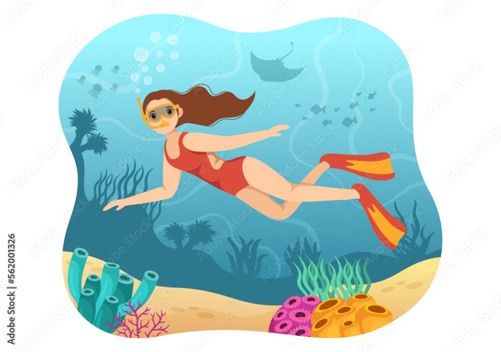 Snorkeling Illustration with Underwater Swimming Exploring Sea, Coral Reef or Fish in the Ocean for Landing Page in Cartoon Hand Drawn Templates