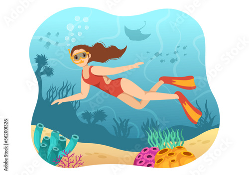 Snorkeling Illustration with Underwater Swimming Exploring Sea  Coral Reef or Fish in the Ocean for Landing Page in Cartoon Hand Drawn Templates
