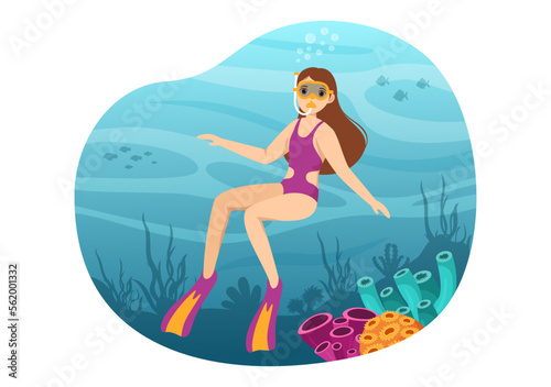 Snorkeling Illustration with Underwater Swimming Exploring Sea  Coral Reef or Fish in the Ocean for Landing Page in Cartoon Hand Drawn Templates