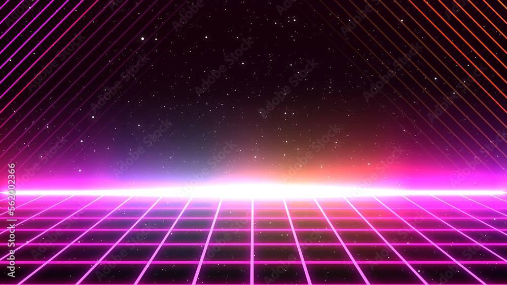 Retro style 80s-90s galaxy background. Futuristic Grid landscape. Digital Cyber Surface. Suitable for design in the style of the 1980s-1990s. 3D illustration