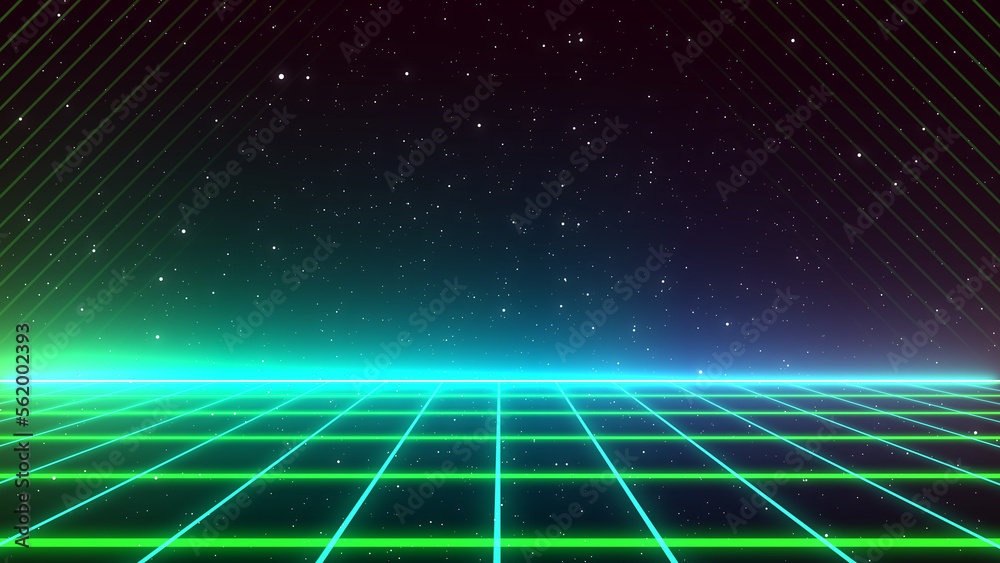 Retro style 80s-90s galaxy background. Futuristic Grid landscape. Digital Cyber Surface. Suitable for design in the style of the 1980s-1990s. 3D illustration