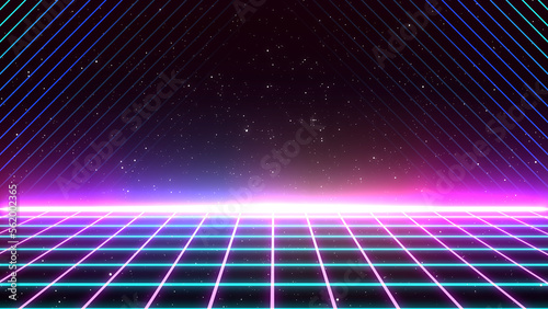 Retro style 80s-90s galaxy background. Futuristic Grid landscape. Digital Cyber Surface. Suitable for design in the style of the 1980s-1990s. 3D illustration