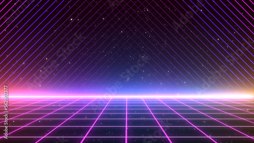 Retro style 80s-90s galaxy background. Futuristic Grid landscape. Digital Cyber Surface. Suitable for design in the style of the 1980s-1990s. 3D illustration
