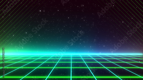 Obraz na płótnie Retro style 80s-90s galaxy background. Futuristic Grid landscape. Digital Cyber Surface. Suitable for design in the style of the 1980s-1990s. 3D illustration w salonie