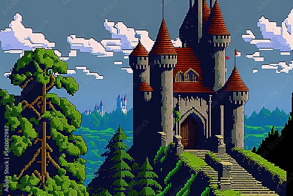 Pixel art medieval castle with trees and mountains, background in retro