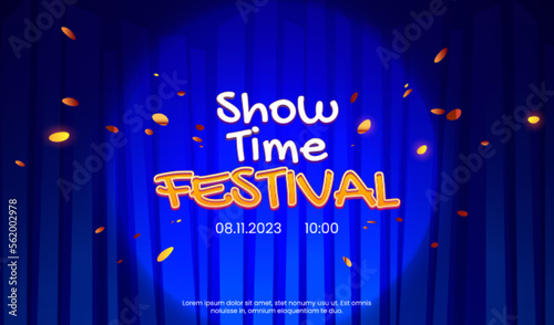 Show or festival announcement banner template. Vector cartoon illustration of closed blue drapery curtains on theater or concert hall stage, golden confetti flying in air, text illuminated by