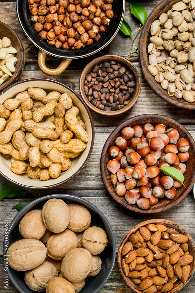 Assortment of different nuts in bowls. Assortment of different nuts in bowls.