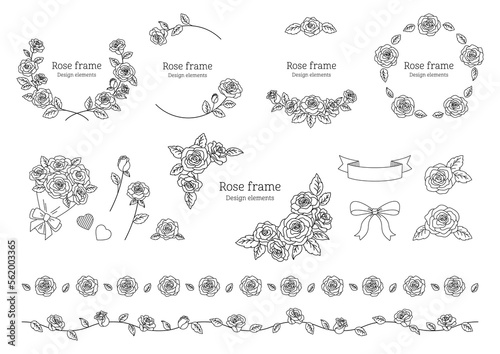 薔薇のベクターイラスト, デザイン用のフレームと装飾の素材, バレンタインや結婚式のグラフィック要素, 白背景に黒色の線画. #562003365