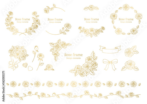 薔薇のベクターイラスト, デザイン用のフレームと装飾の素材, バレンタインや結婚式のグラフィック要素, 白背景に金色の線画.