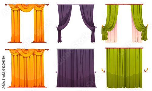 Cartoon set of open and closed curtains isolated on white background. Vector illustration of thick and net textile in yellow, black and green colors. Modern, classical home interior design elements