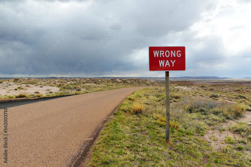 WRONG WAY sign in Petrified Forest National Park, Arizona, USA. WRONG WAY sign in Petrified Forest National Park, Arizona, USA.