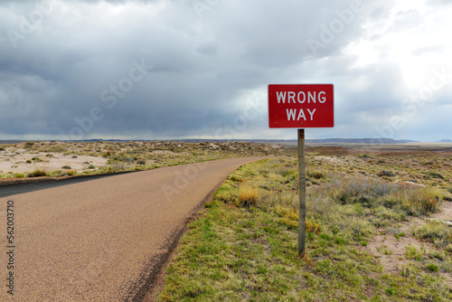 Konstfotografi WRONG WAY sign in Petrified Forest National Park, Arizona, USA.