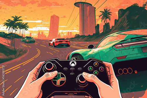 Man using an Xbox controller to play Forza Horizon 5. Sao Paulo, Brazil, June 14, 2021. Generative AI photo