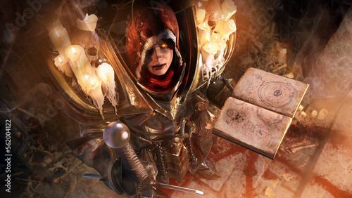 Konstfotografi A sinister  fanatic woman possessed by demons  with an ancient book, in plate armor, candles are burning on her shoulders and the bones of victims and a ritual circle are under her feet