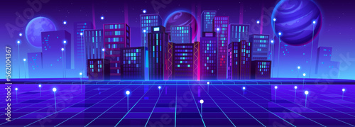 Metaverse, vr technology concept with digital city buildings. Futuristic virtual reality background with cityscape simulation with planets in sky at night, vector cartoon illustration