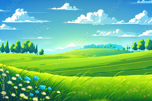 Green field and blue sky in spring.Great as a background. Generative AI