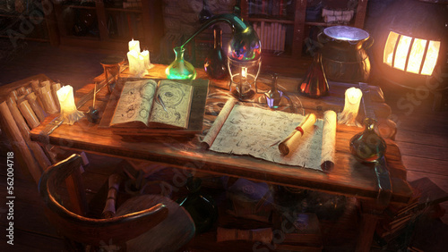 An alchemist's desk with a lot of objects, test tubes, flasks, books, scrolls, burning candles, beautiful mystical circles and the dark room itself with stacks of books and a cauldron. 2d art