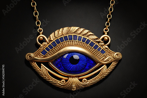 Beautiful lapis lazuli necklace for women in the form of the ancient Egyptian Eye of Horus emblem, ancient Egyptian design, semiprecious stone jewelry. Generative AI photo