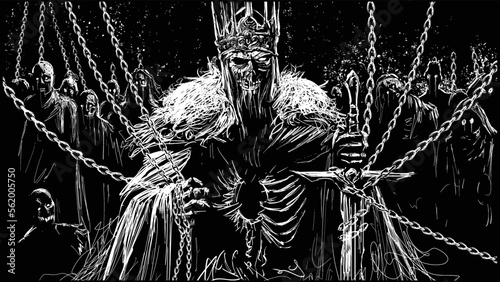 sinister king of the undead clutching chains in his hands with which he holds the souls of his subordinates in captivity, the zombie servants, a sword in his hand, and hole in his chest. 2d sketch art photo