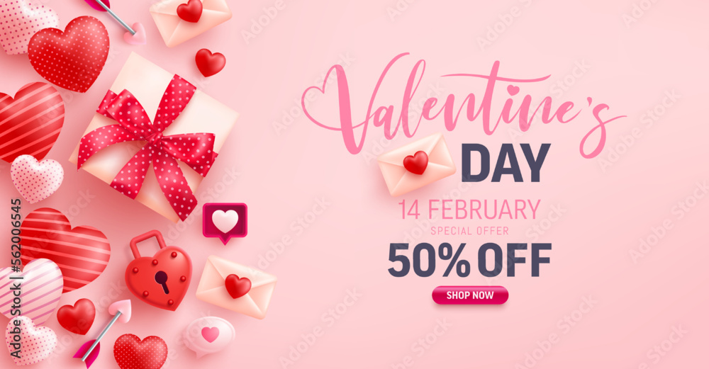 Valentine's Day Sale banner with sweet hearts,speech bubble and valentine elements on pink background.Promotion and shopping template for love and Valentine's day concept. - obrazy, fototapety, plakaty 