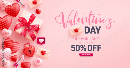Valentine's Day Sale banner with sweet hearts,speech bubble and valentine elements on pink background.Promotion and shopping template for love and Valentine's day concept.