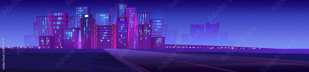 Fototapeta premium Skyline with city buildings, road and stars at night. Landscape with cityscape, empty street, modern houses and skyscrapers on horizon, vector cartoon illustration