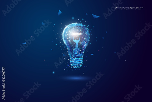 Abstract blue glowing light bulb. Low poly style design. Abstract geometric background. Wireframe light connection structure.