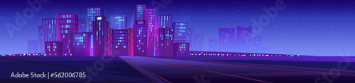 Skyline with city buildings, road and stars at night. Landscape with cityscape, empty street, modern houses and skyscrapers on horizon, vector cartoon illustration
