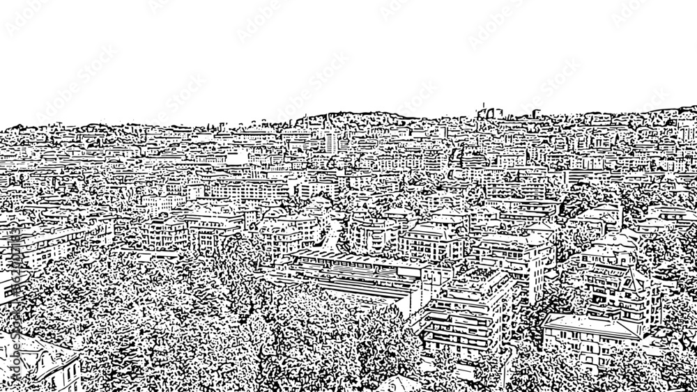 Lausanne, Switzerland. Flight over the central part of the city. La Cite is a district historical centre. Doodle sketch style. Aerial view