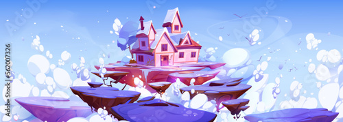 Fantasy house floating on island in blue sky with fluffy white clouds. Vector cartoon illustration of flying land platforms with winter landscape, rural cottage with red roof, snowy trees